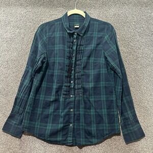 J Crew Button Up Blouse Top Women Medium Green Tartan Plaid Pintuck Long Sleeve